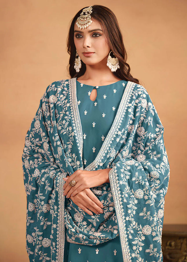 Aqua Blue Embroidered Pant Style Suit