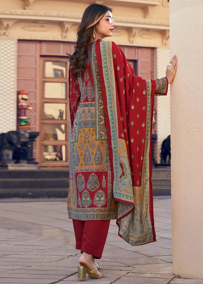 Red Printed and Embroidered Pant Suit