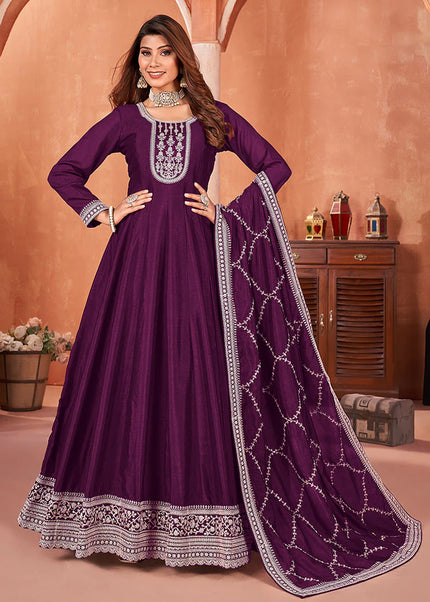 Purple  Embroidered Anarkali Suit