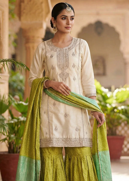 Offwhite and Green Printed and Embroidered Gharara Suit