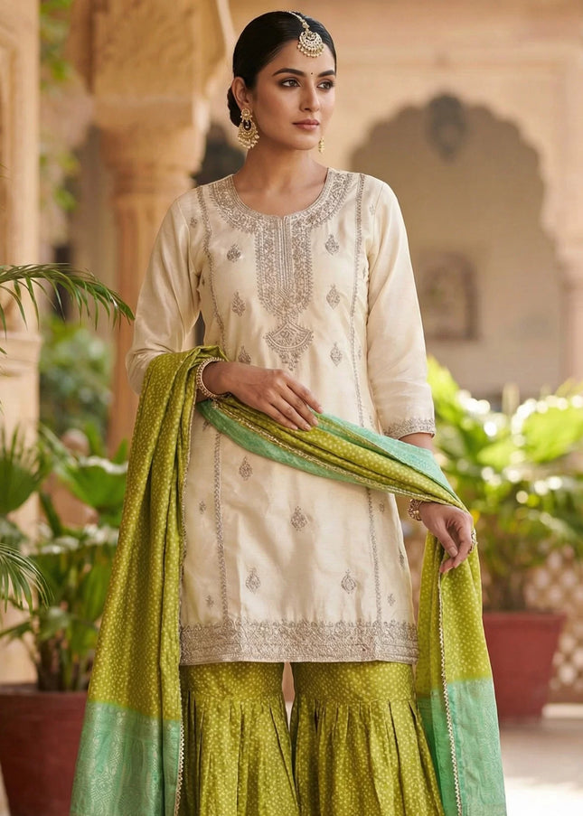 Offwhite and Green Printed and Embroidered Gharara Suit