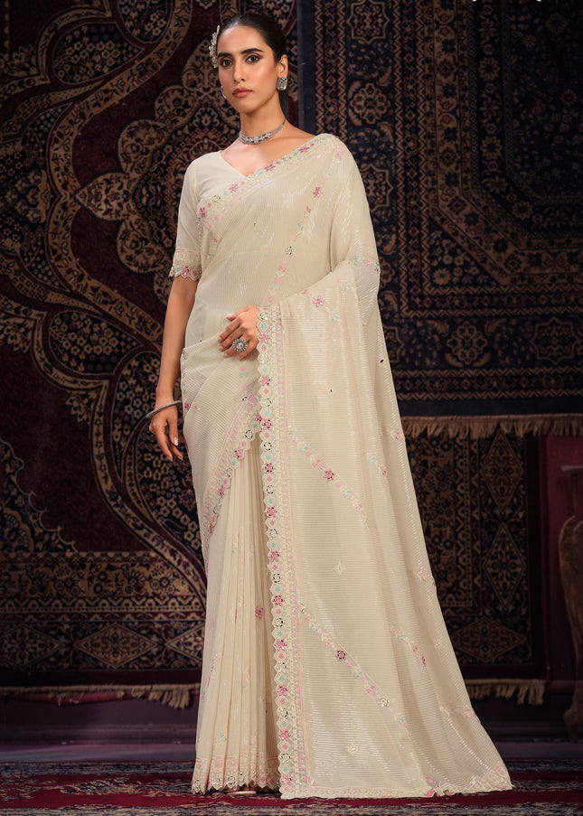 Off White Floral Embroidered Saree