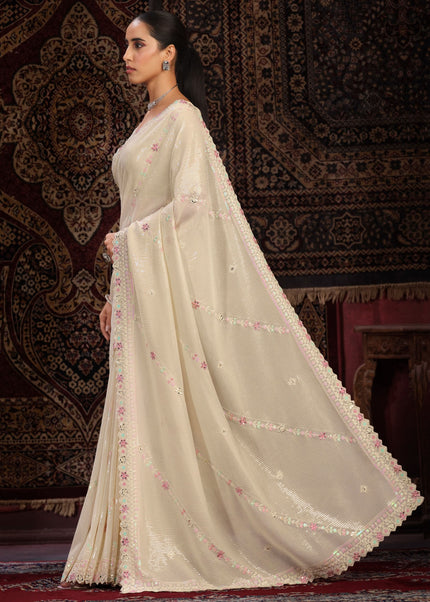 Off White Floral Embroidered Saree