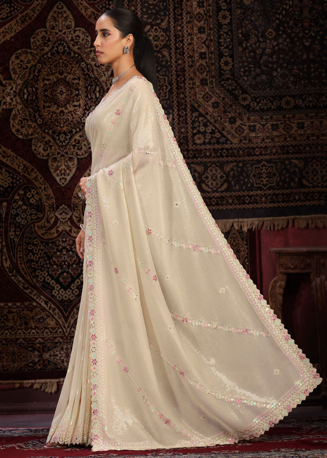 Off White Floral Embroidered Saree