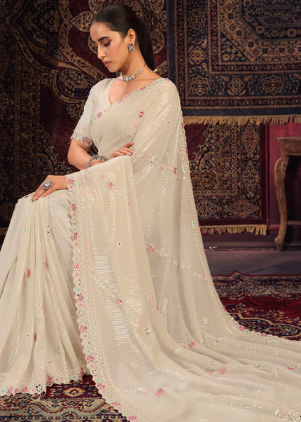 Off White Floral Embroidered Saree