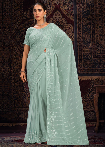 Sea Green Floral Embroidered Saree