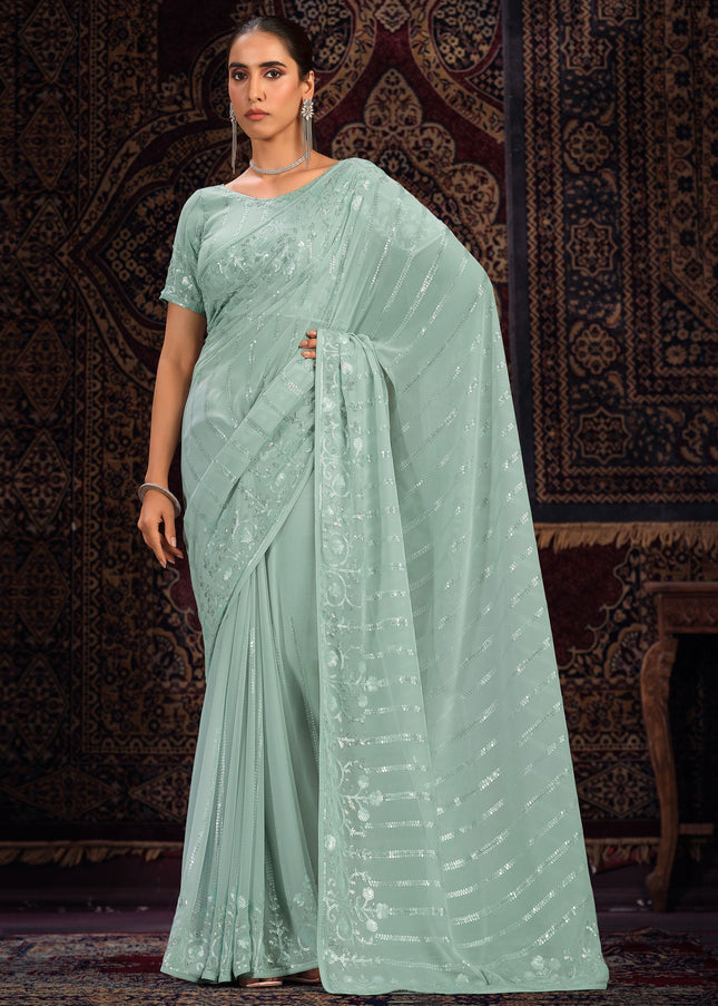 Sea Green Floral Embroidered Saree