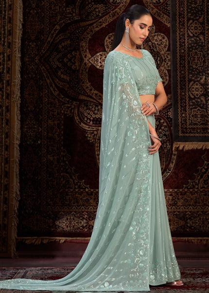 Sea Green Floral Embroidered Saree