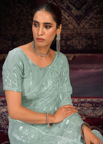 Sea Green Floral Embroidered Saree