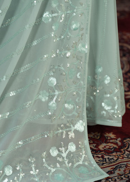 Sea Green Floral Embroidered Saree