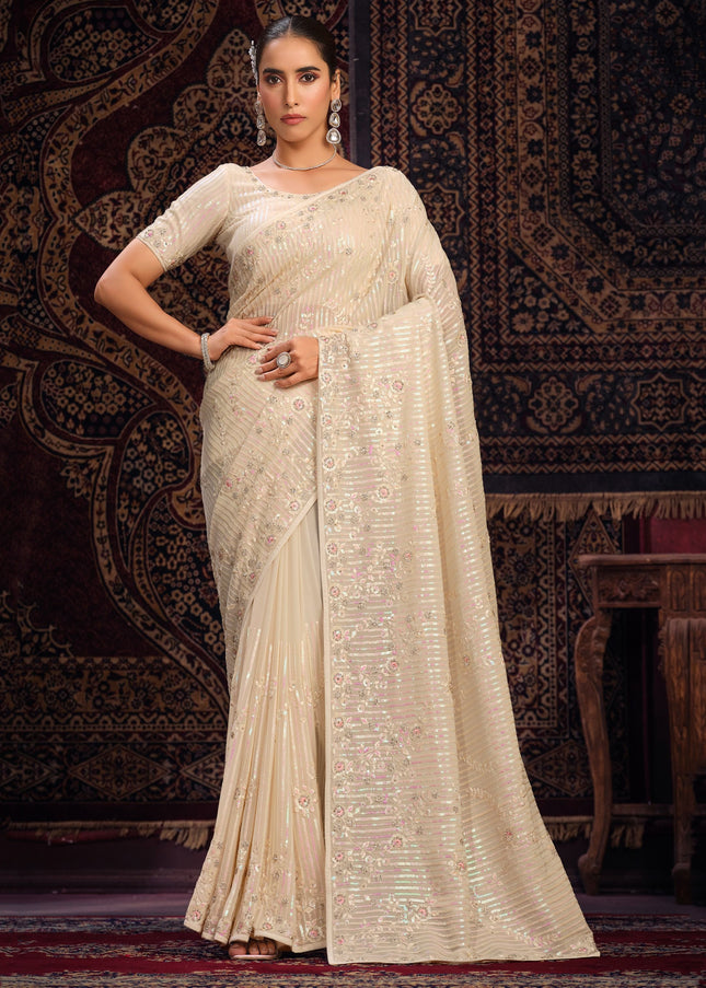 Off White Floral Embroidered Saree