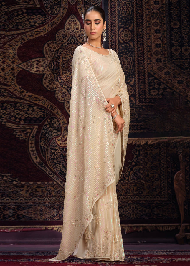 Off White Floral Embroidered Saree