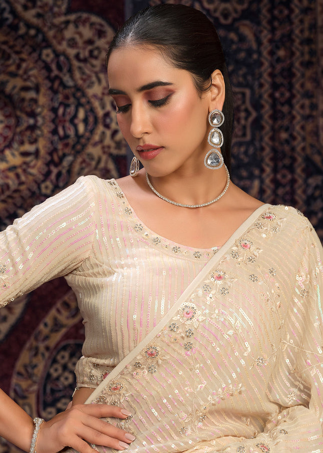 Off White Floral Embroidered Saree