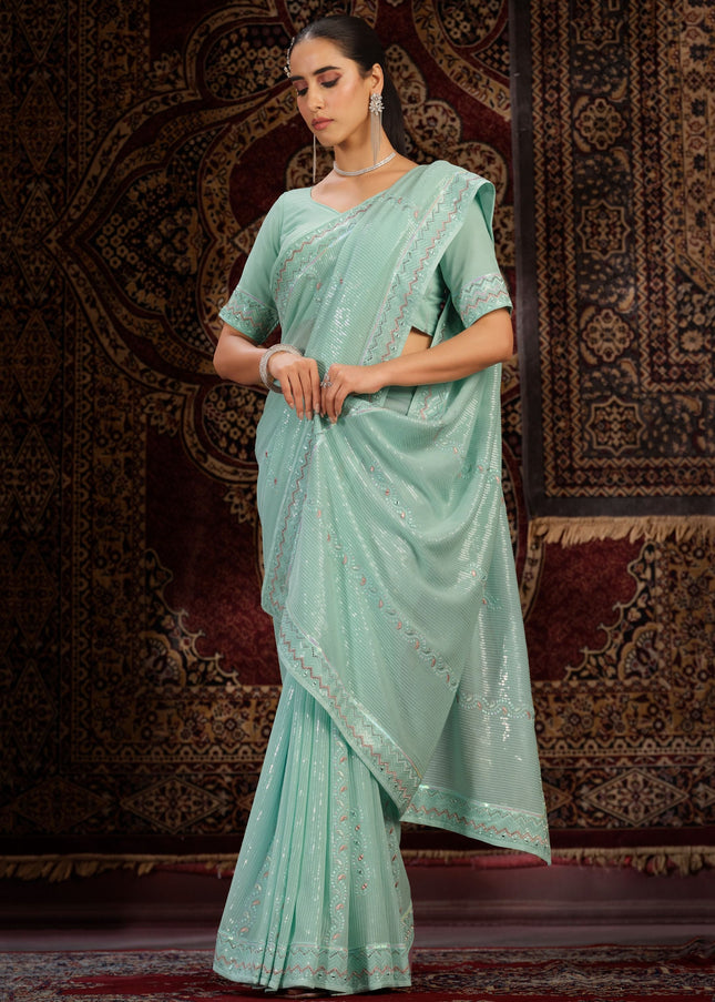 Firozi Floral Embroidered Saree