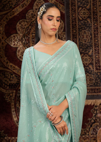 Firozi Floral Embroidered Saree