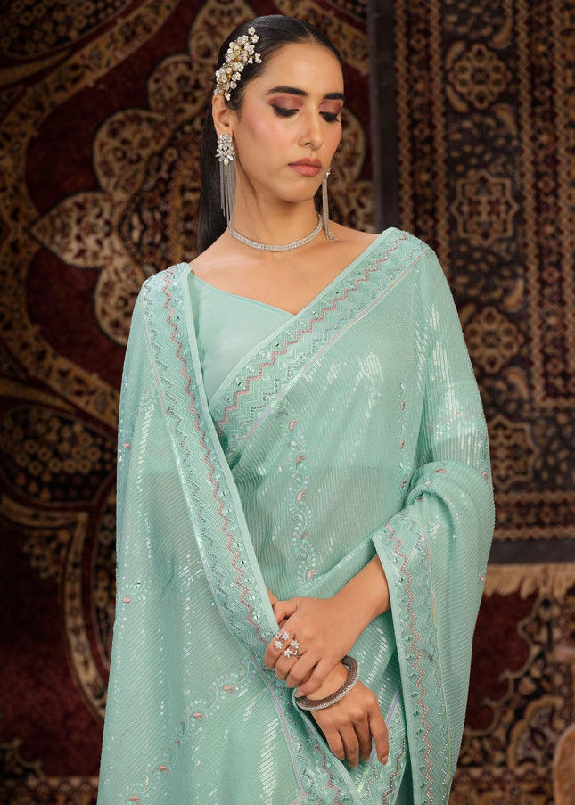 Firozi Floral Embroidered Saree