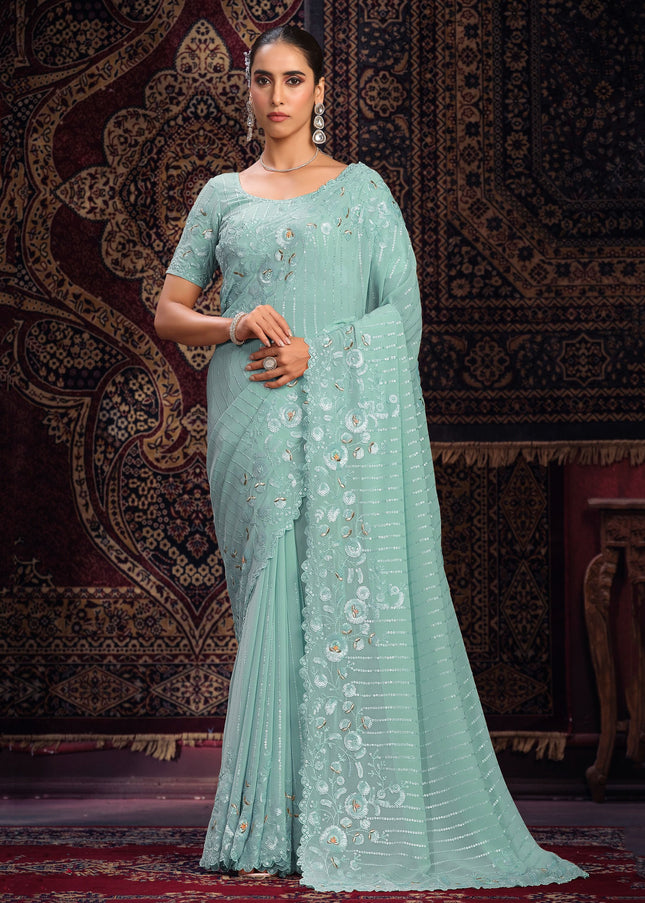 Blue Floral Embroidered Saree