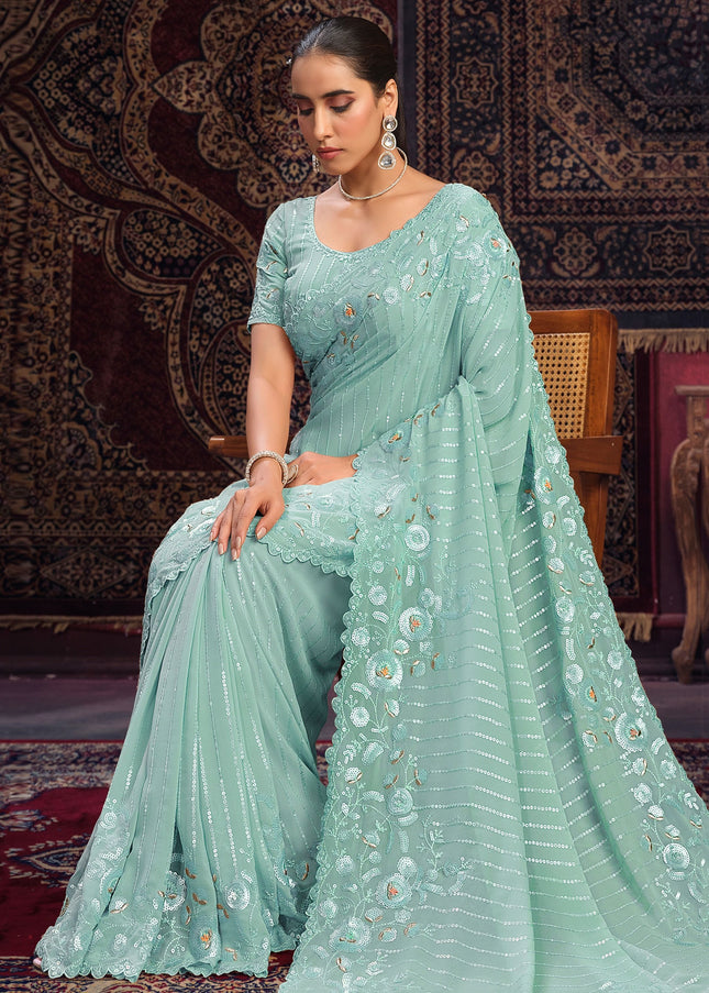 Blue Floral Embroidered Saree