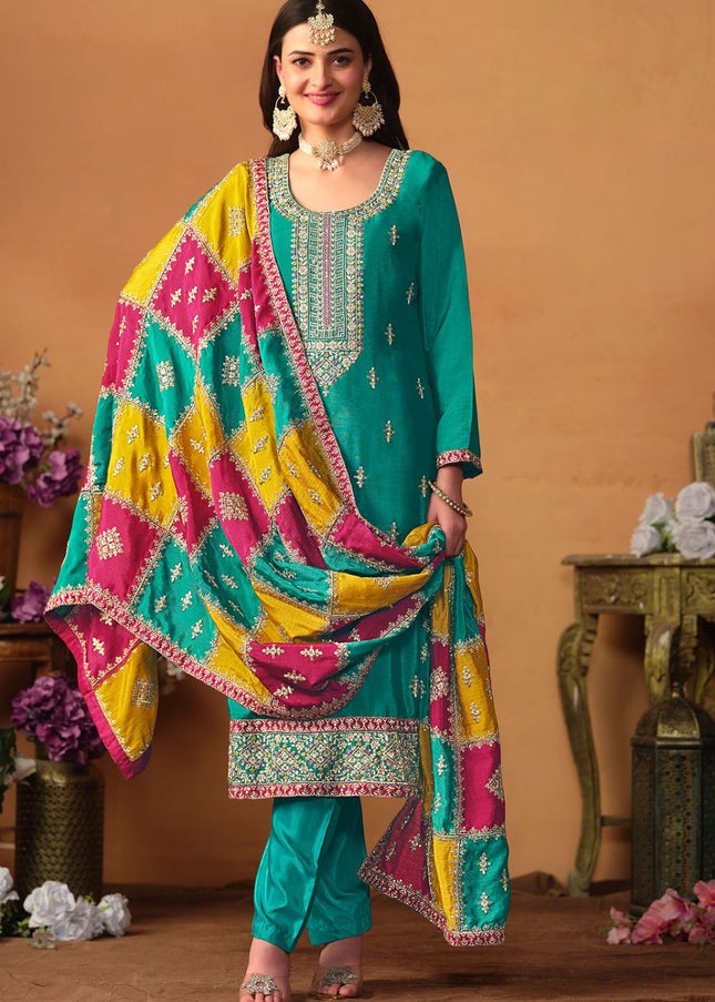 Turquoise Multi Embroidered Pant Suit