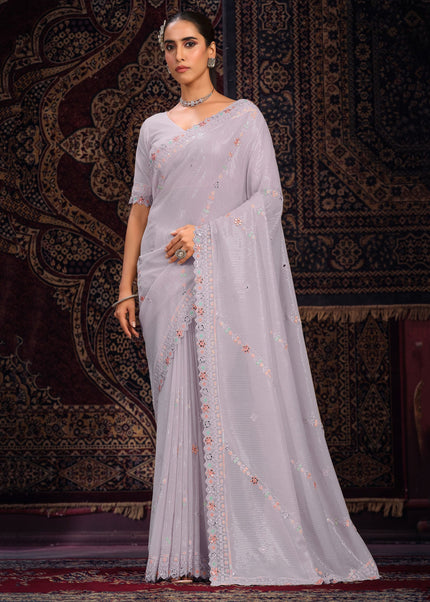 Lavender Floral Embroidered Saree