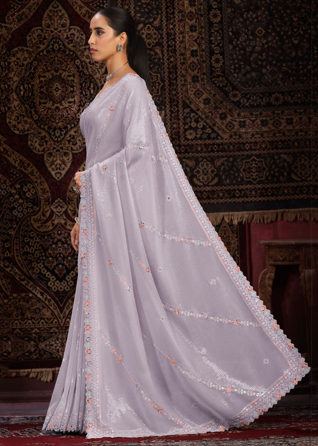 Lavender Floral Embroidered Saree