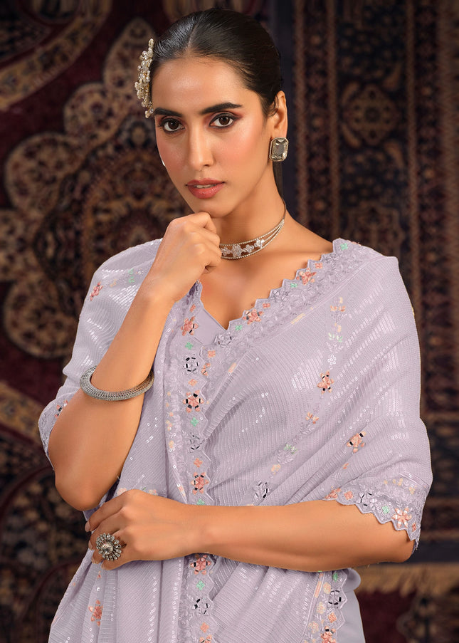 Lavender Floral Embroidered Saree