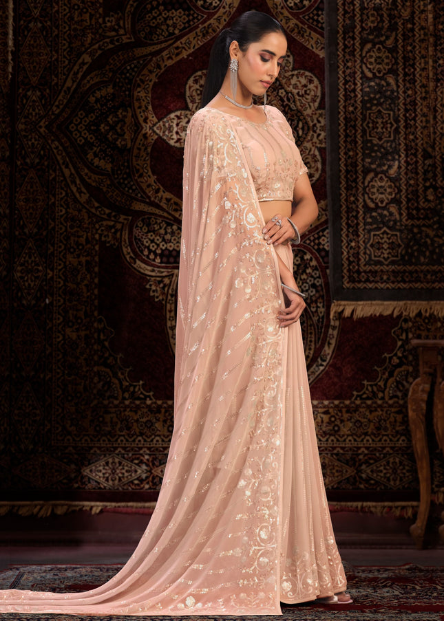 Peach Floral Embroidered Saree