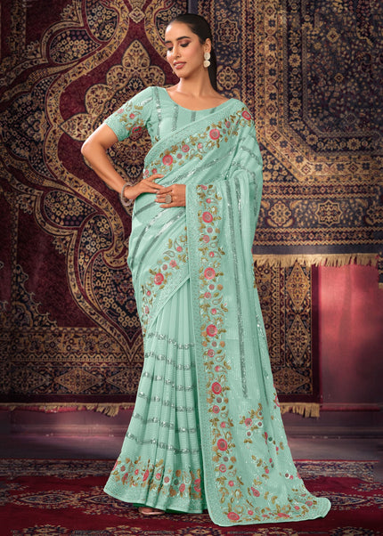 Sea Green Floral Embroidered Saree