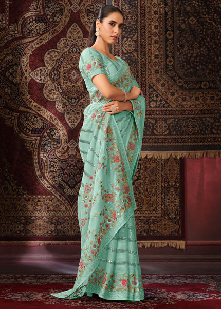 Sea Green Floral Embroidered Saree