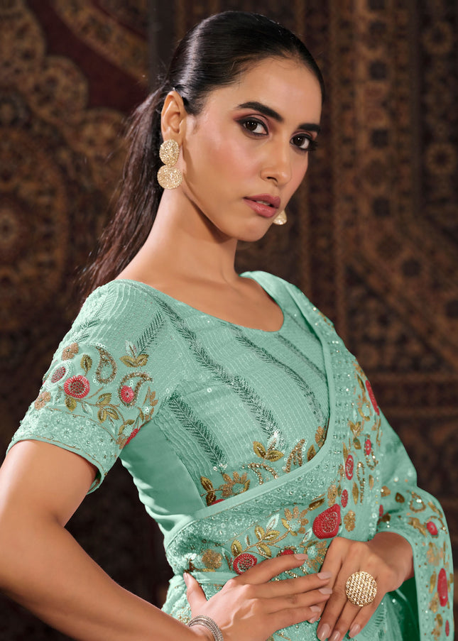 Sea Green Floral Embroidered Saree