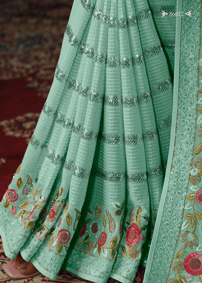 Sea Green Floral Embroidered Saree