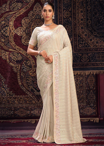 Off White Floral Embroidered Saree