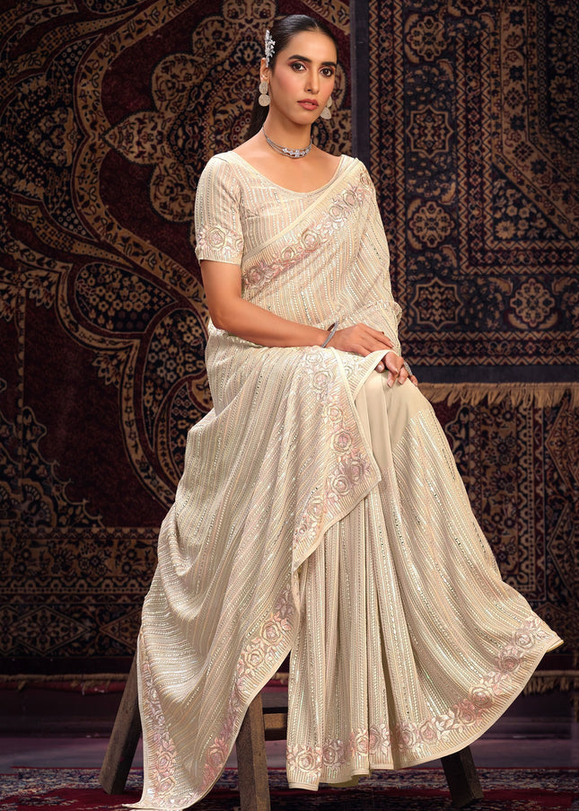 Off White Floral Embroidered Saree