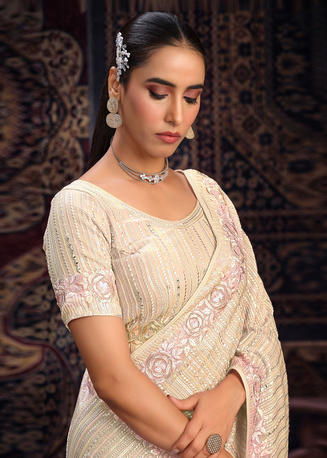 Off White Floral Embroidered Saree