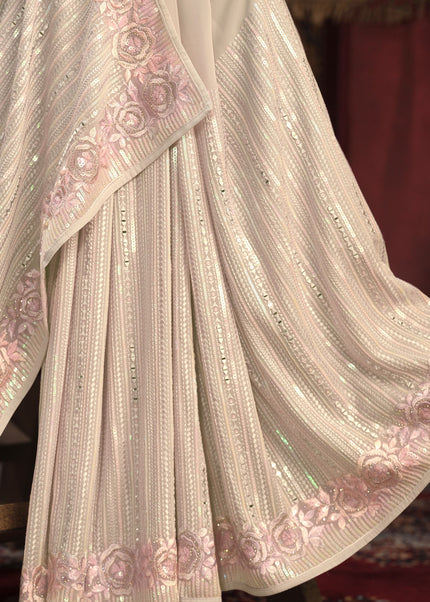 Off White Floral Embroidered Saree