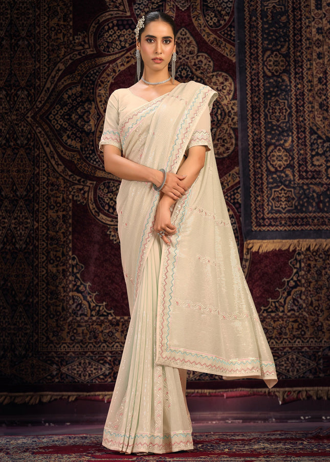 Off White Floral Embroidered Saree