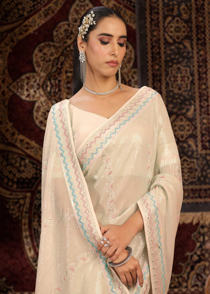 Off White Floral Embroidered Saree