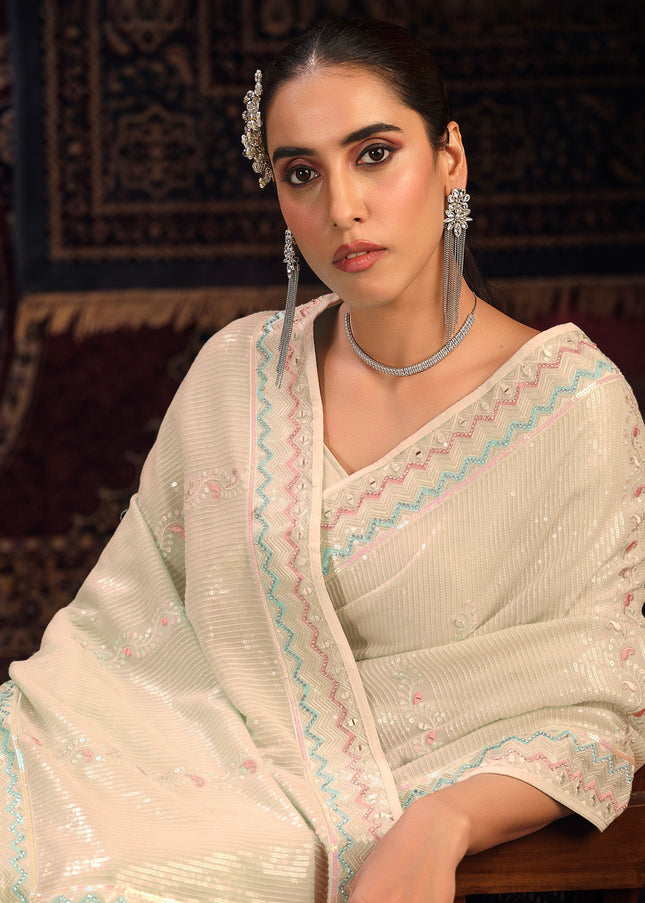 Off White Floral Embroidered Saree