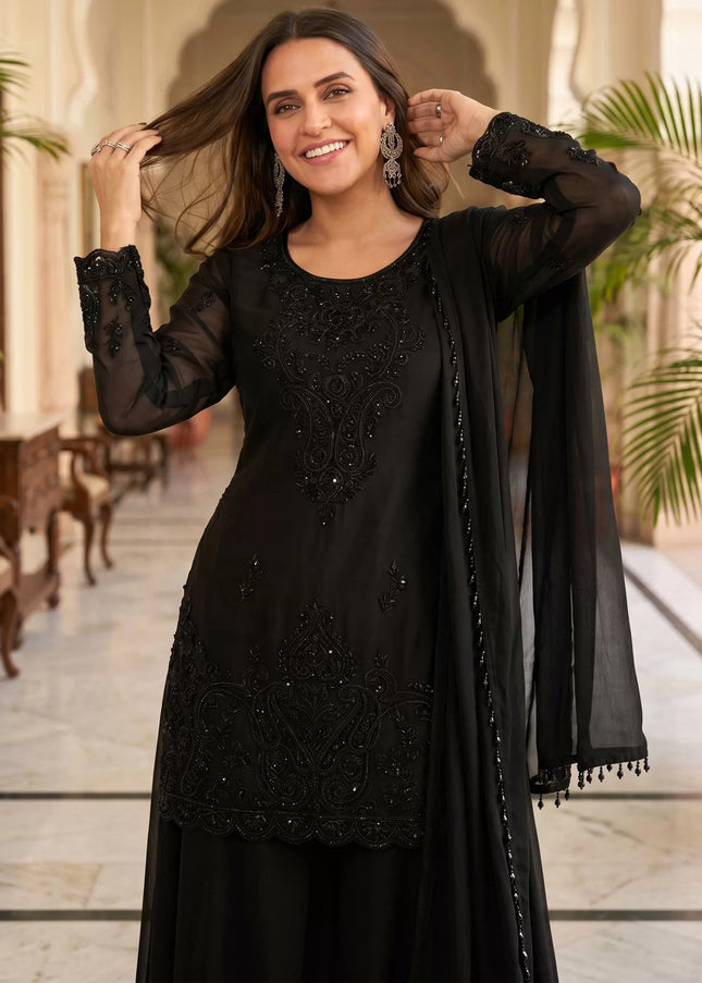 Black Embroidered Sharara Suit