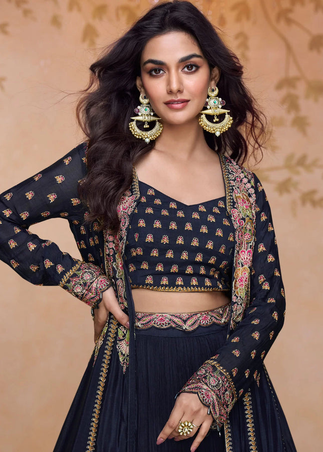 Black Embroidered Jacket Style Lehenga Choli
