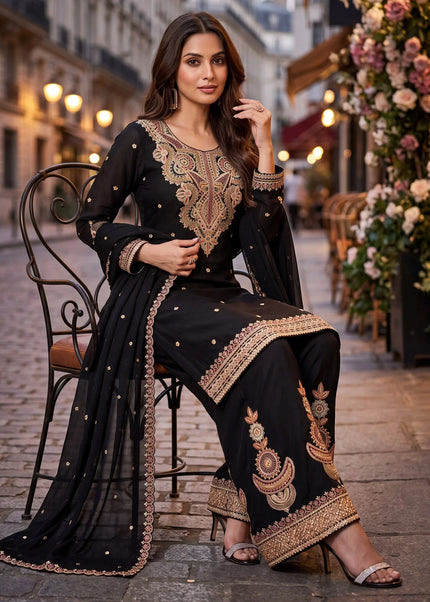 Black Embroidered Palazzo Suit