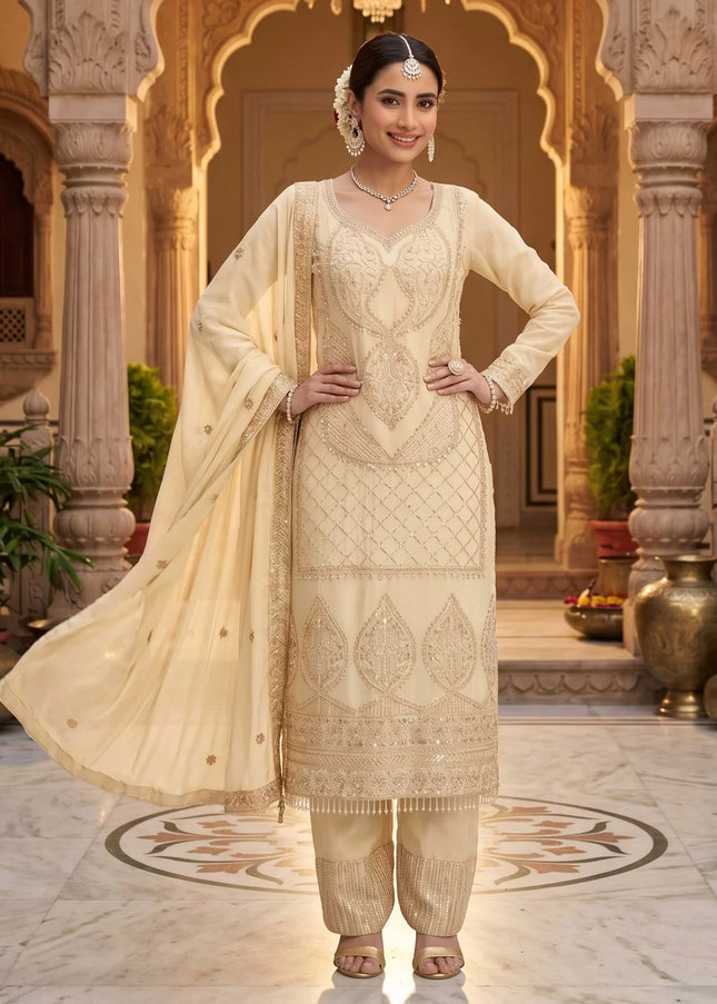 Cream Embroidered Pant Style Suit