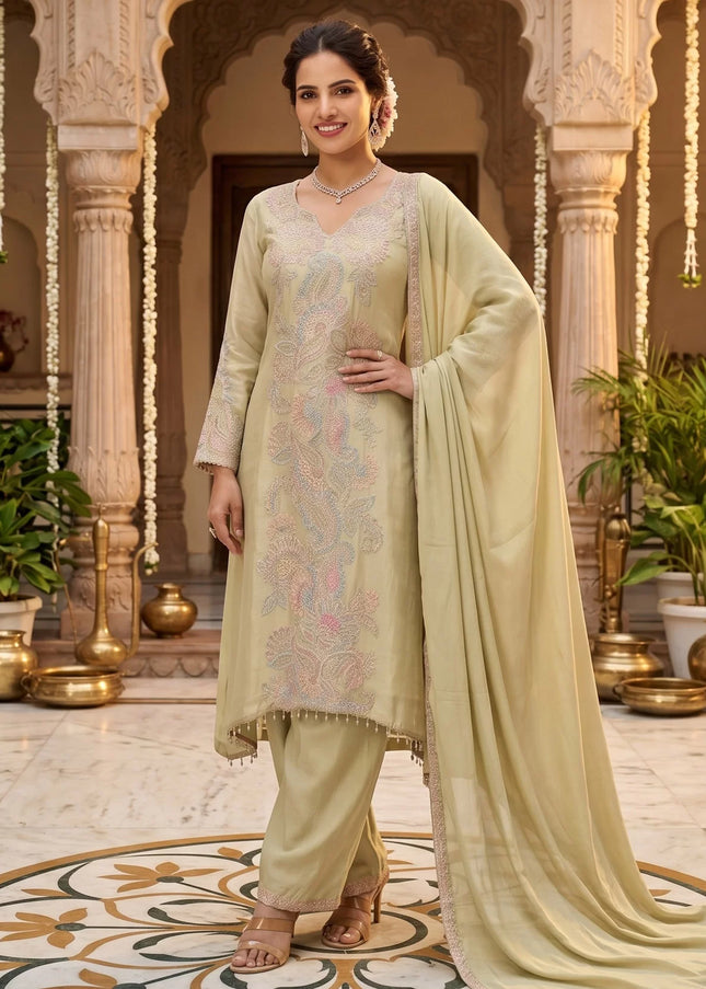 Sea Green Embroidered Pant Style Suit