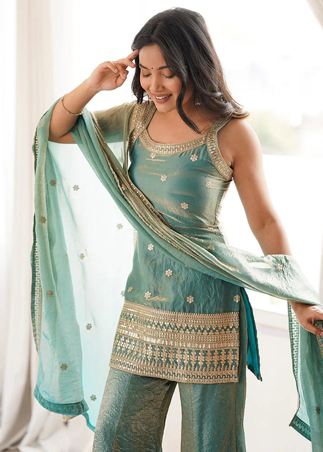 Sea Green Embroidered Palazzo Suit