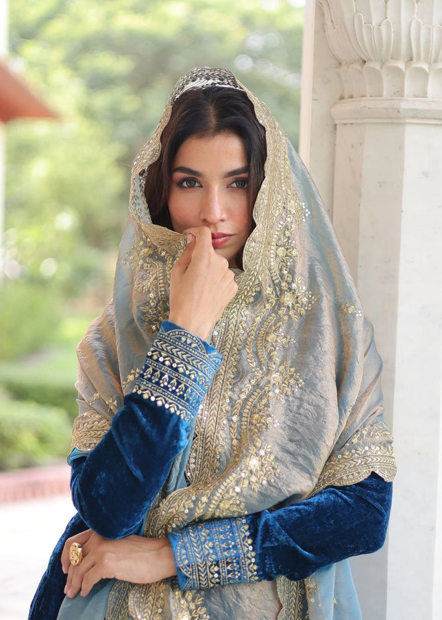 Blue Embroidered Pant Style Suit