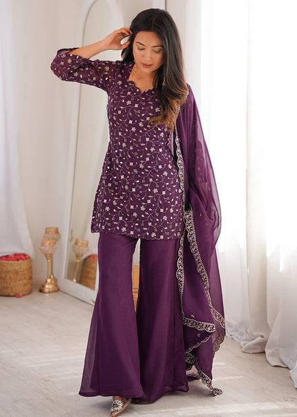 Mauve Embroidered Palazzo Suit