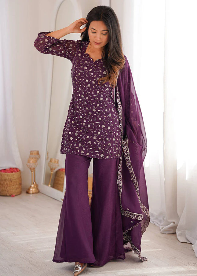 Mauve Embroidered Palazzo Suit