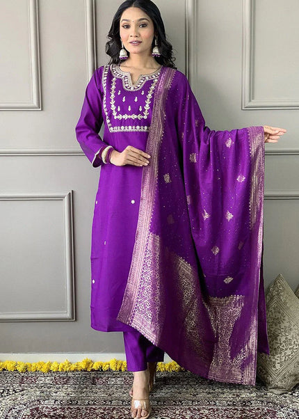 Purple Embroidered Pant Style Suit