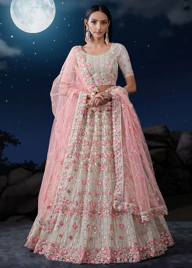 White And Pink Embroidered Wedding Lehenga Choli FALAKENOOR White And Pink Embroidered Wedding Lehenga Choli FALAKENOOR