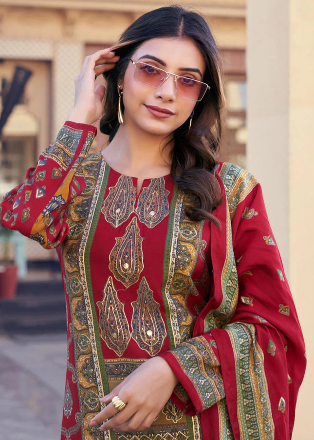 Red Printed and Embroidered Pant Suit